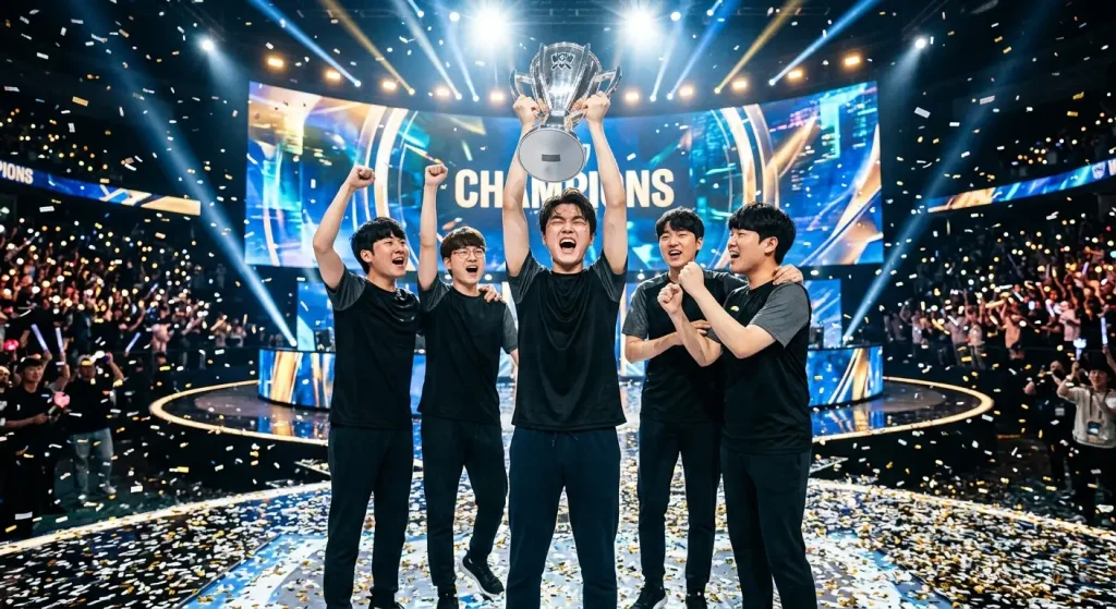 T1 als erfolgreichstes League-of-Legends-Team mit der Weltmeisterschaftstrophäe