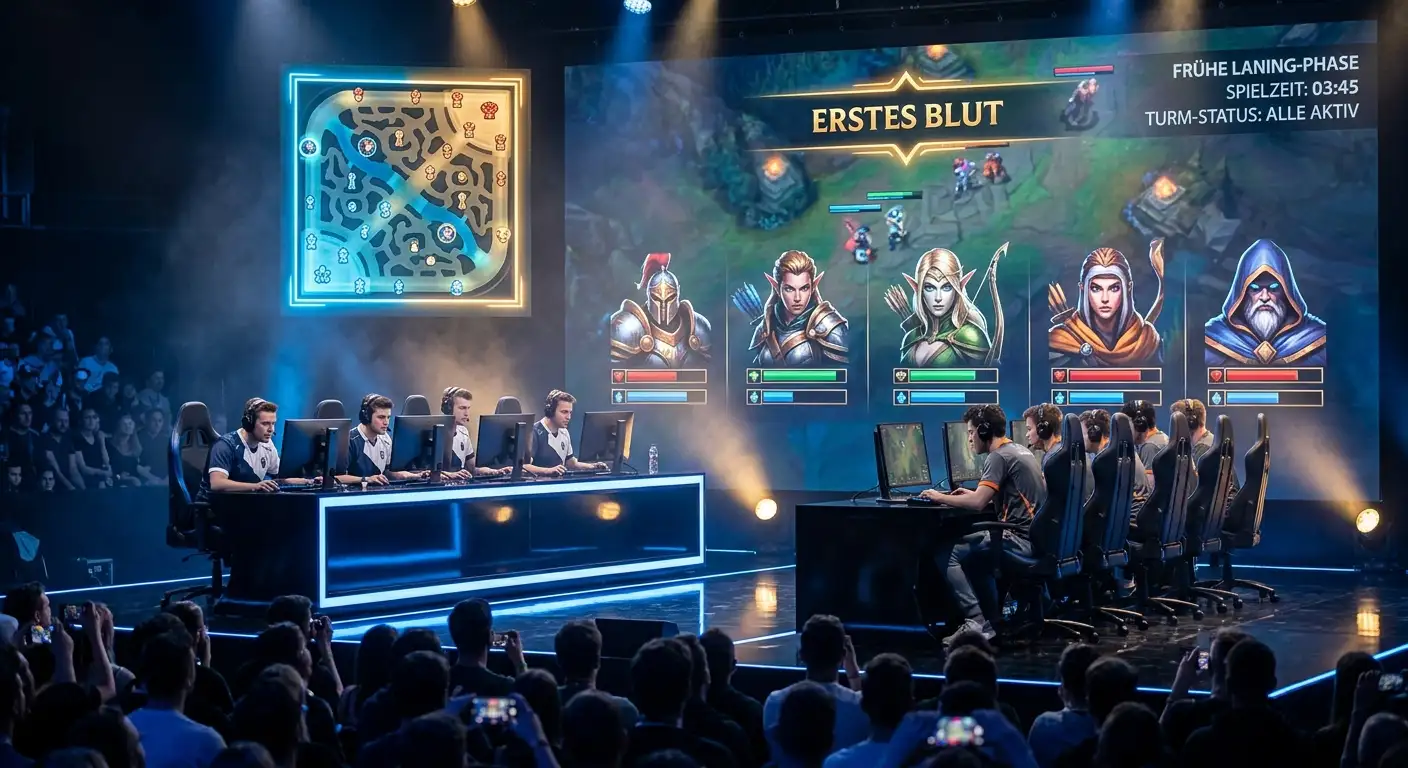 Frühe Laning-Phase in League of Legends als Schauplatz von First Blood