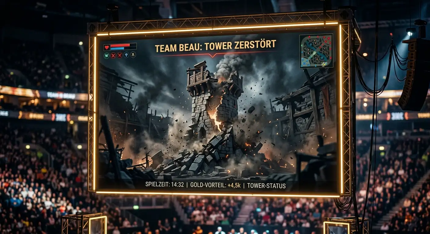 Erster zerstörter Turm als Zeichen früher Lane-Dominanz