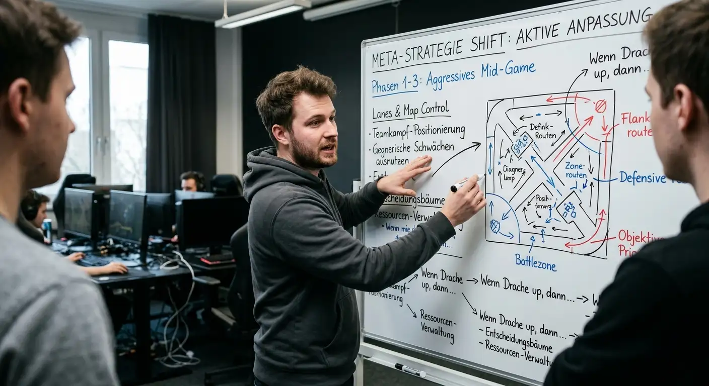 Bewegliche Meta aus Strategien und Champions an einer Taktiktafel