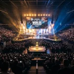 Bühne der League-of-Legends-Weltmeisterschaft mit Pokal und konkurrierenden Teams