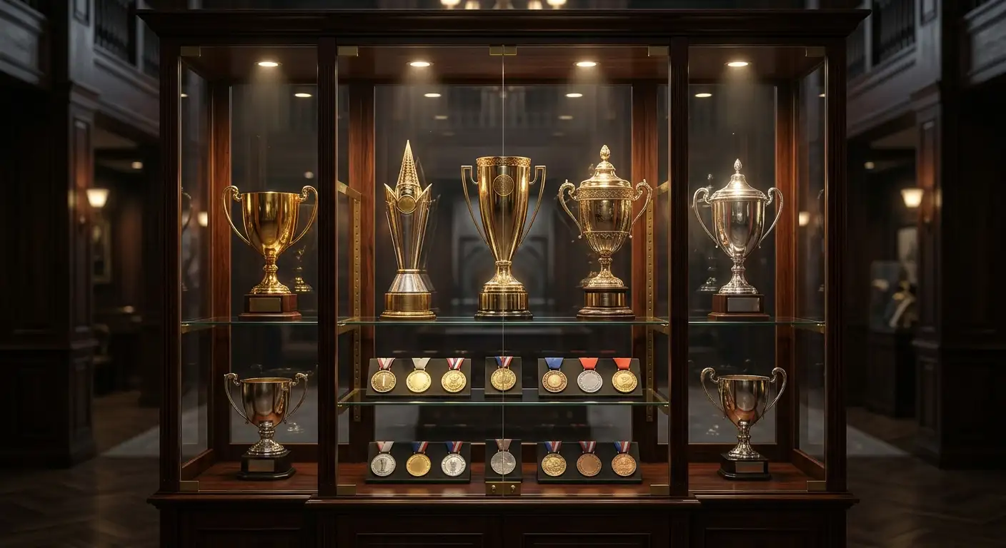 Geballte Titelhistorie des Rekordmeisters in einer Trophäenvitrine